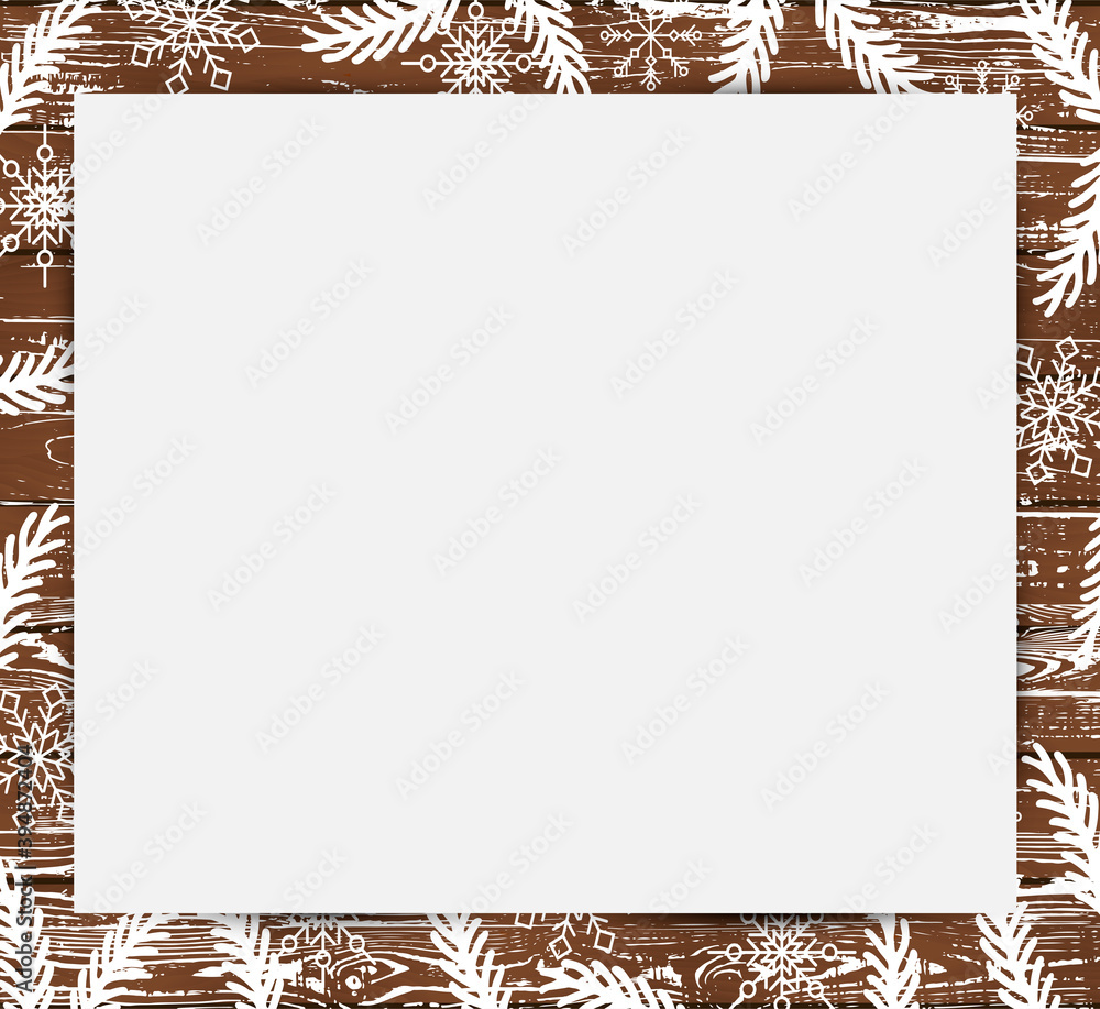 Obraz premium Winter background with snowflakes on dark wooden background with paper sheet. Place for text. Great for Merry Christmas and New Year, invitation, winter sale. Vector illustration.