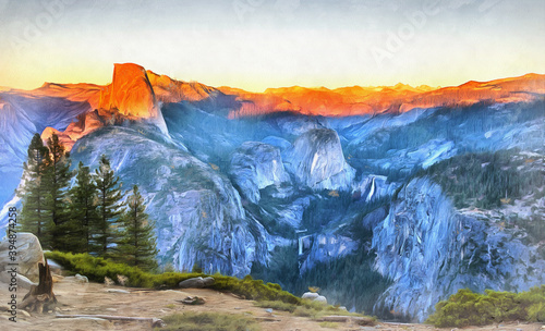 Colorful painting of beautiful mountain landscape at Yosemite National Park, California, USA.