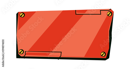Red metal blank plate with screws, technology board for game graphical interface, cartoon vector illustration