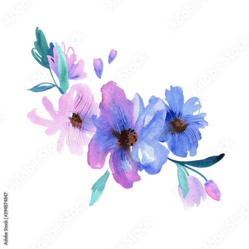 Cute watercolor hand painted purple flowers. For design of invitation  wedding card  birthday card