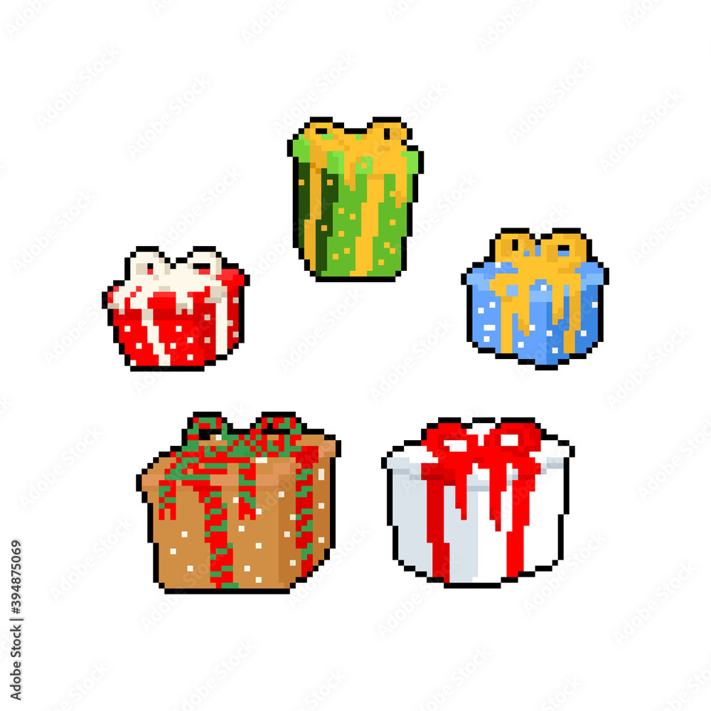 Pixel art cartoon gift box set. Pixel art cartoon gift box set.
