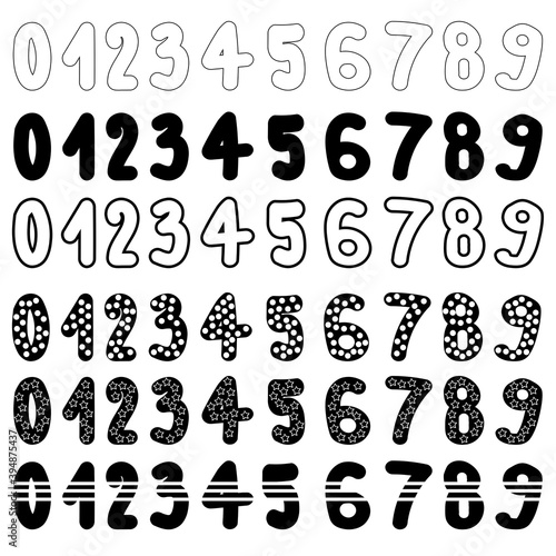 Set of cute numbers with different strokes and fills  six options for number signs with stripes  stars or circles
