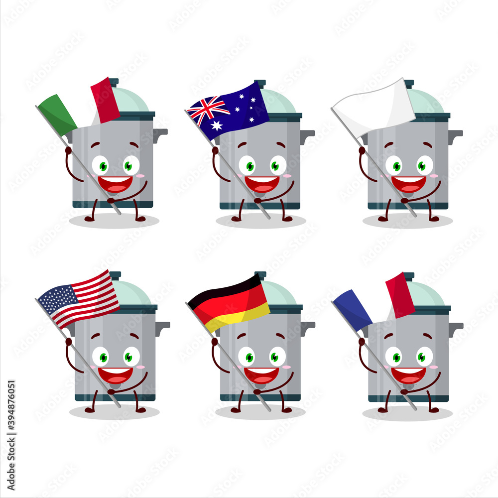 Cooking pan cartoon character bring the flags of various countries Cooking pan cartoon character bring the flags of various countries