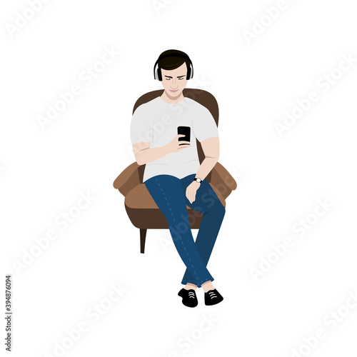 Realistic vector illustration of young man in the chair looking at the phone and listening music or audiobook with earphones, headphones.