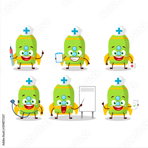Doctor profession emoticon with green rocket firecracker cartoon character