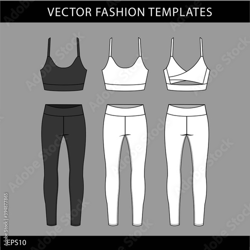 sports wear fashion  flat sketch template, fitness out fit front and back view.