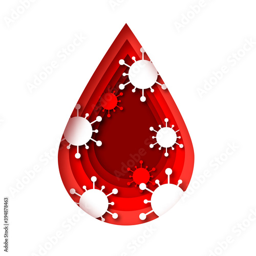 Red blood drop paper cut style. Dripping blood.