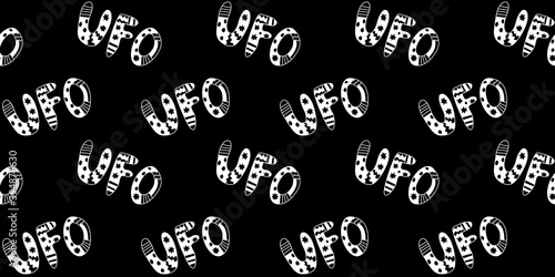 Vector seamless pattern with the word UFO. Background and texture on the theme of space, UFOlogy, flying saucers, conspiracy