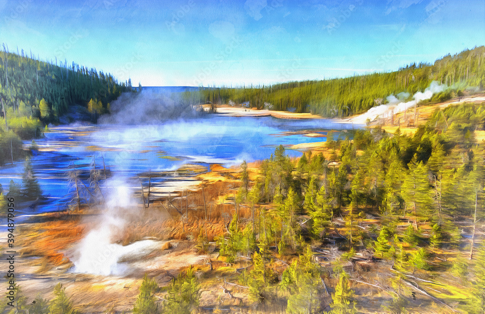Fototapeta premium Obsidian Creek colorful painting looks like picture, Yellowstone National Park, USA.