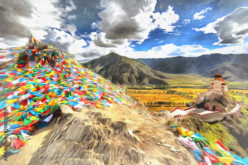 Sacred place and Yungbulakang Palace colorful painting looks like picture, Tibet, China. photo