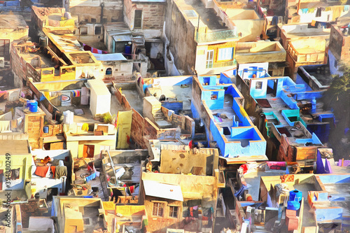View of Jodhpur city at sunset colorful painting looks like picture, Rajasthan, India.