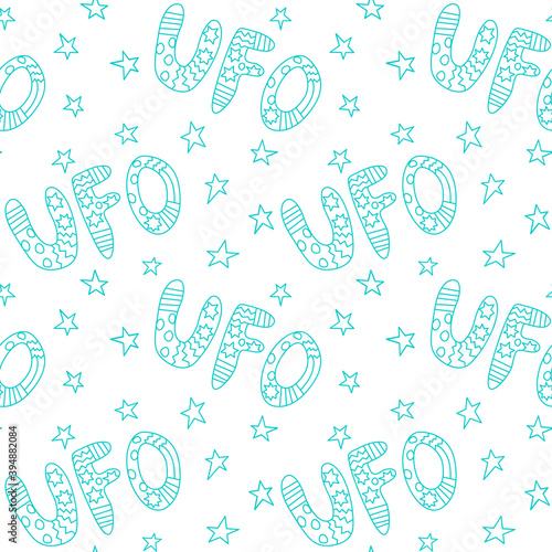 Vector color seamless pattern with the word UFO. Background and texture on the theme of space, UFOlogy, flying saucers, conspiracy