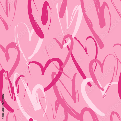 Abstract seamless heart pattern. Ink illustration. Pink vector background.