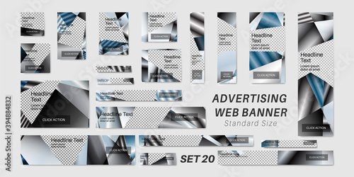 vector collection of web banner ads with standard sizes. Background with metal triangles in gradient color overlapping