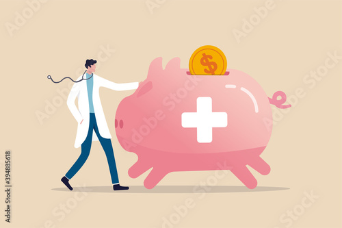 Health saving account, HSA, financial plan saving for medical expense or medicare cost and benefits concept, doctor with stethoscope standing with huge pink piggy bank or coin bank with medical sign.