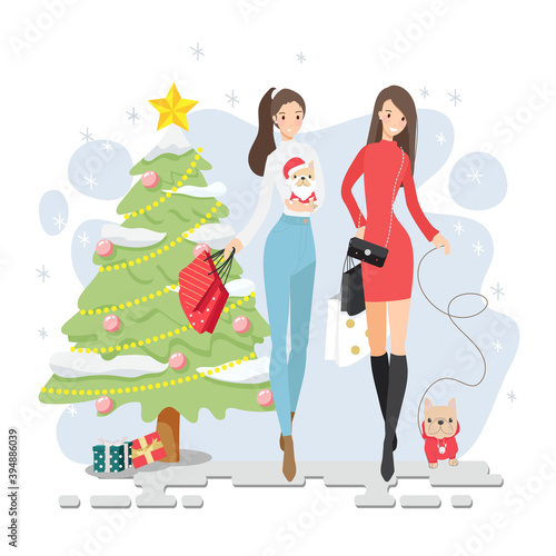 beautiful girl friend winter Christmas costume shopping together with their French bulldog puppy isolated on white background