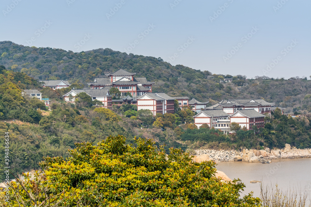 Chinese traditional hotels at the seaside in the Putuoshan mountains, Zhoushan Islands,  a renowned site in Chinese bodhimanda of the bodhisattva Avalokitesvara (Guanyin)