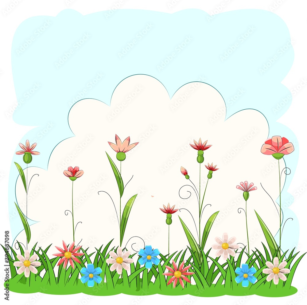 Blooming meadow with grass and flowers. Sky. Cartoon just style. Isolated on white background. Romantic fabulous illustration. Vector