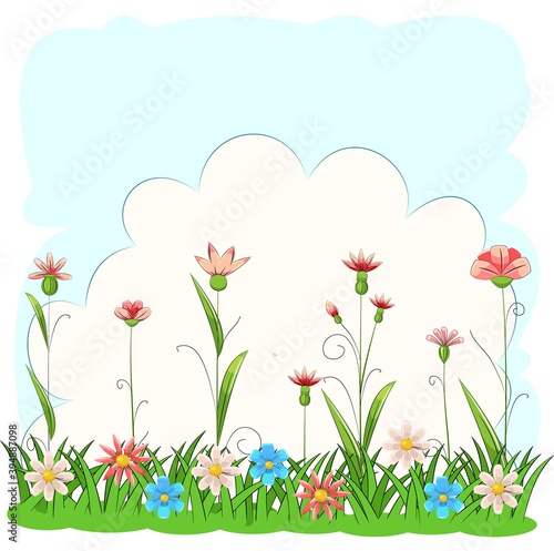 Fototapeta Naklejka Na Ścianę i Meble -  Blooming meadow with grass and flowers. Sky. Cartoon just style. Isolated on white background. Romantic fabulous illustration. Vector