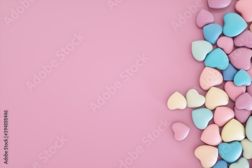 Valentine's Day. Wedding day. Relationship anniversary. Bright background with hearts. 3d rendering of hearts, holiday card without inscriptions