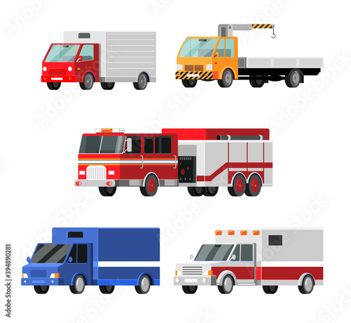 City cars vector icons set. Ambulance, fire truck, mail truck, tow truck, crane, truck
