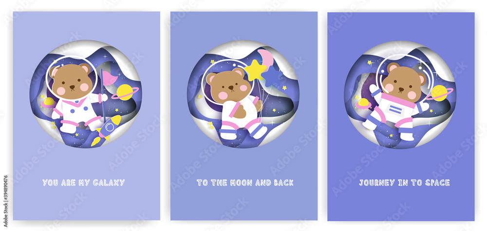 Set of baby shower greeting cards with cute teddy bear on the galaxy.