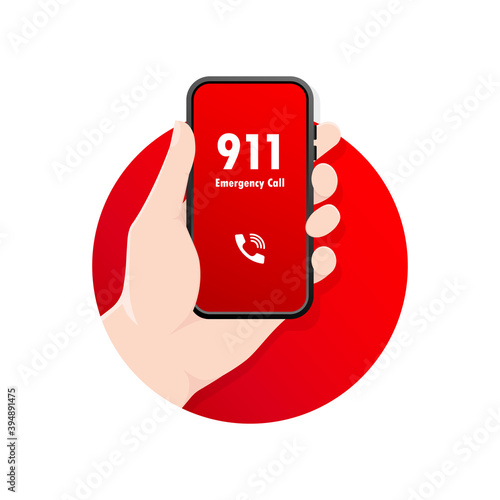 911 calling in flat style. Vector flat design. Finger touch screen. First aid. Call screen smartphone. Vector illustration