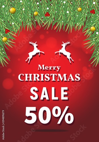 Merry Christmas sale 50 percent off, discount type text, Christmas discount vector, red background with fir tree branches, Christmas sale banner.