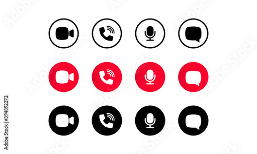 Video call screen template. Video cal icons set. Buttons for social media app. Communication via internet concept. Sound, microphone, call, chat, camera. Vector illustration