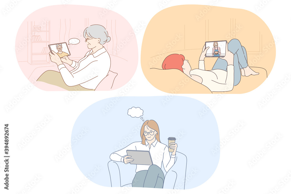 Online communication, chatting, e-learning concept. Elderly woman communicating online with son on tablet, girl watching yoga lesson, business woman sitting and searching for information for startup Online communication, chatting, e-learning concept. Elderly woman communicating online with son on tablet, girl watching yoga lesson, business woman sitting and searching for information for startup