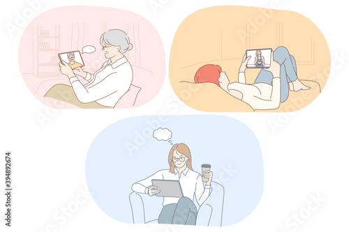 Online communication, chatting, e-learning concept. Elderly woman communicating online with son on tablet, girl watching yoga lesson, business woman sitting and searching for information for startup 