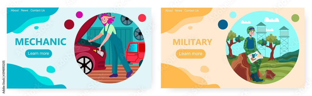 Female mechanic in auto repair service. Women career diversity concept vector illustration. Female soldier in army. Woman in military uniform Female mechanic in auto repair service. Women career diversity concept vector illustration. Female soldier in army. Woman in military uniform