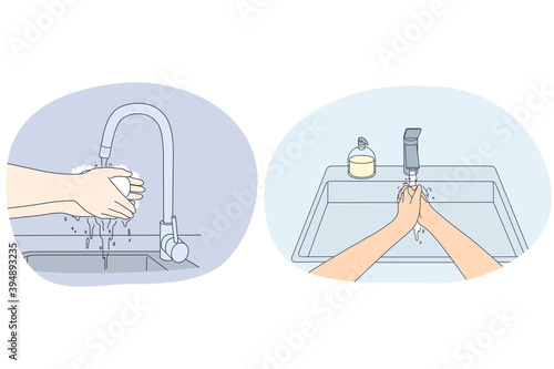 Washing hands, personal hygiene and protection from virus concept. People washing hands properly with soap for protective care in home or public places sinks vector illustration 