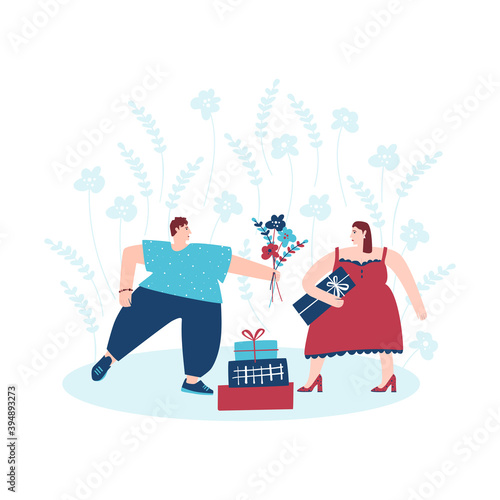 Man and woman congratulating each other. Vector cartoon flat illustration in white background
