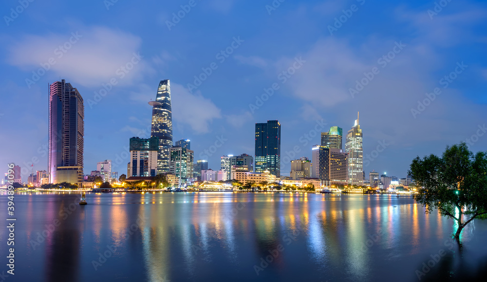 Overview of Ho Chi Minh city riverside at night. Ho Chi Minh city is the largest economic center in Vietnam.