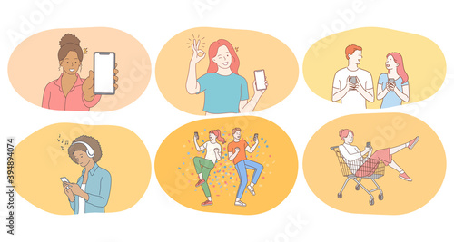 Fototapeta Naklejka Na Ścianę i Meble -  Smartphone, online communication, chatting concept. Young teen people friends cartoon characters listening to music, showing screen, chatting and making orders online on smartphones illustration 