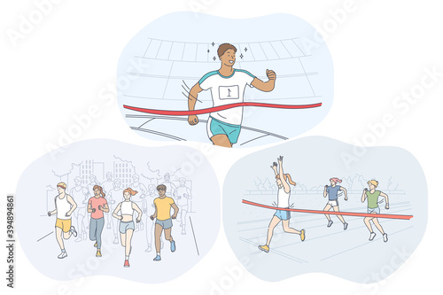 Athletics, running, marathon competition concept. Young people sportsmen athletes taking part in running sport marathons outdoors and on stadiums. Active healthy lifestyle and training illustration 