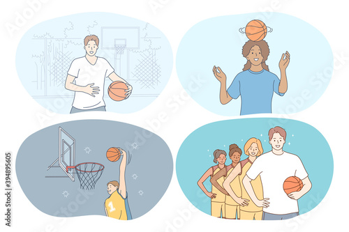 Basketball, sport, team competition concept. Young girls and boys basketball players training, jumping with slam dunk, training ball skills and competing in championships vector illustration 