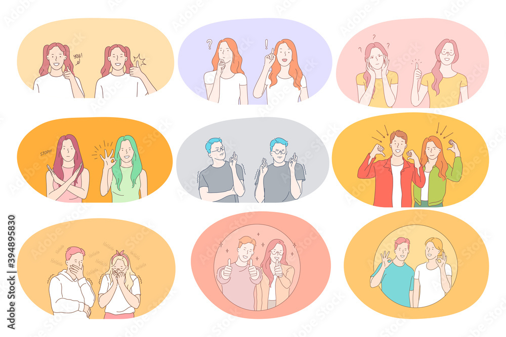 Sign language, gestures, hands communication concept. Young people cartoon  characters showing luck doubt idea rejection power success shock panic  greeting, positive and negative emotions with hands Stock Vector | Adobe  Stock