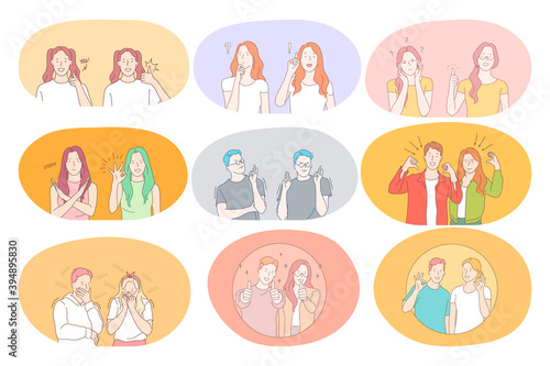 Sign language, gestures, hands communication concept. Young people cartoon characters showing luck doubt idea rejection power success shock panic greeting, positive and negative emotions with hands 