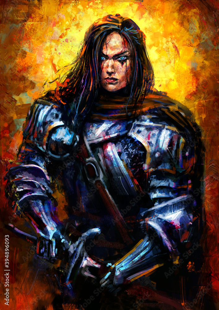 A beautiful female knight in plate armor with a sword at the ready, she has a pleasant face, blue eyes, she is wounded, blood flows on her face and armor, on a Golden abstract background. 2D illustrat A beautiful female knight in plate armor with a sword at the ready, she has a pleasant face, blue eyes, she is wounded, blood flows on her face and armor, on a Golden abstract background. 2D illustrat