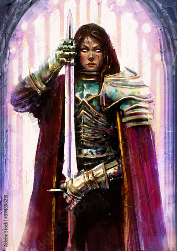 A beautiful female knight with a sword in her hands, looking directly at the viewer with purple eyes, wearing a beautiful turquoise armor and a purple cloak. 2D illustration.