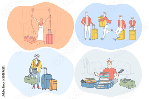 Travelling with luggage, vacations and journey with suitcases concept. Young people travellers tourists flying, traveling, arriving in places with baggage, bags and backpacks. Journey and road vector