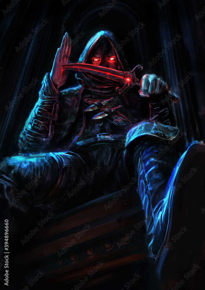 An assassin with a dagger sits on top of a gothic building in the moonlight, he is a hooded vampire piercing his podon through with a curved dagger, his eyes glowing with blood. 2d illustration