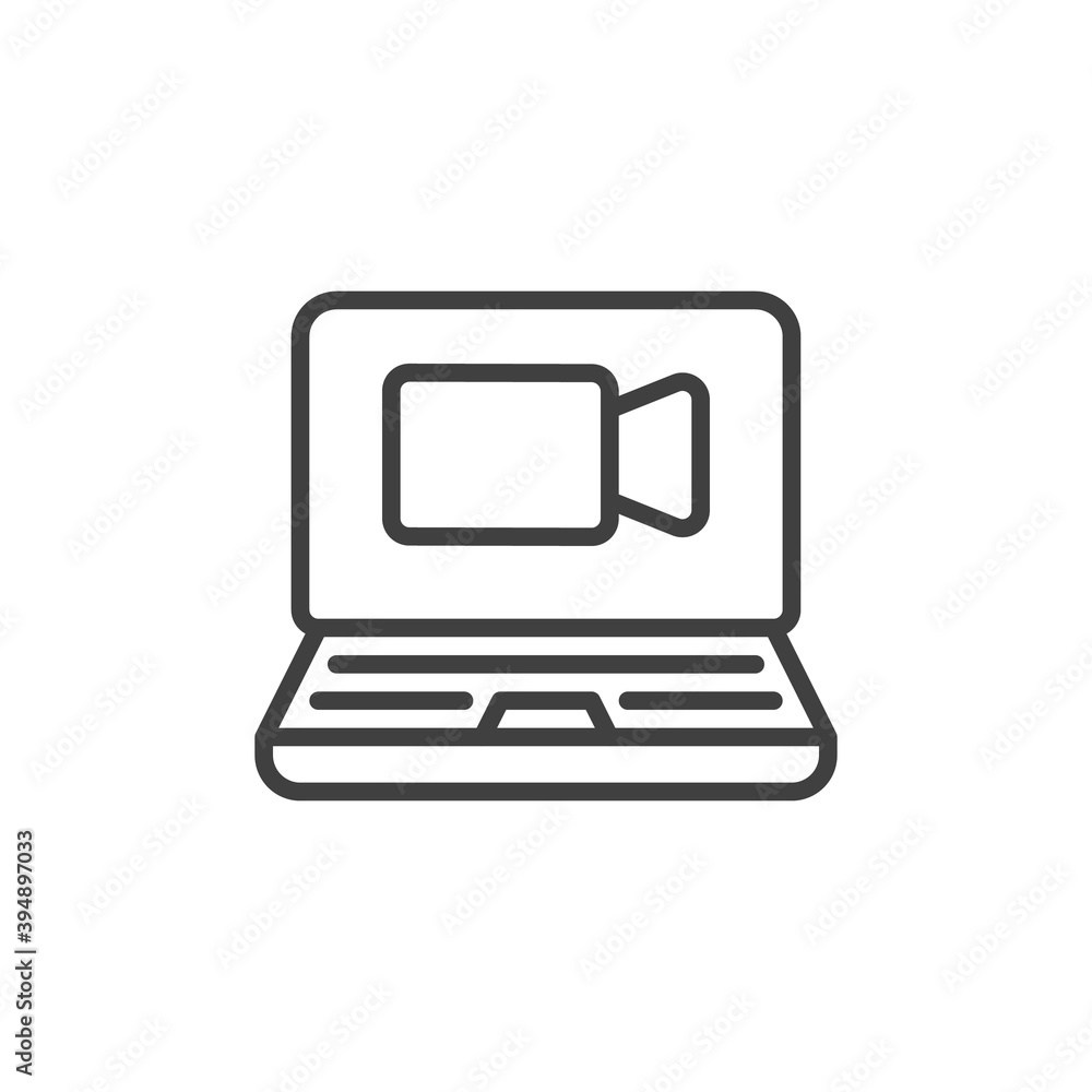 Laptop video chat line icon. linear style sign for mobile concept and web design. Video conference call outline vector icon. Symbol, logo illustration. Vector graphics Laptop video chat line icon. linear style sign for mobile concept and web design. Video conference call outline vector icon. Symbol, logo illustration. Vector graphics