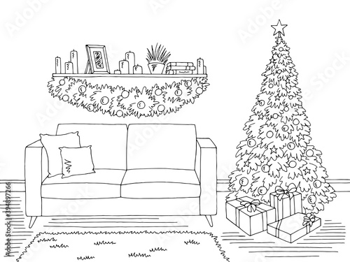 Living room graphic Christmas tree black white interior sketch illustration vector