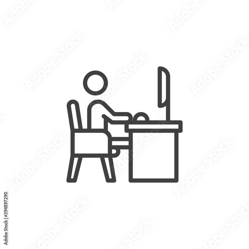 Man working on computer line icon. linear style sign for mobile concept and web design. Freelancer sitting at workplace outline vector icon. Symbol, logo illustration. Vector graphics