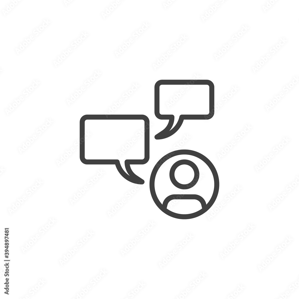 Man with speech bubble line icon. User chat message linear style sign for mobile concept and web design. Chat conversation outline vector icon. Symbol, logo illustration. Vector graphics Man with speech bubble line icon. User chat message linear style sign for mobile concept and web design. Chat conversation outline vector icon. Symbol, logo illustration. Vector graphics