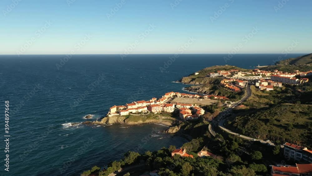 Bay of Collioure aerial view of the old city castle, church and fortress on a hill viticulture France
Bay of Collioure aerial view of the old city castle, church and fortress on a hill viticulture France