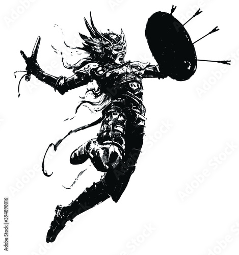 Valkyrie rushing into battle, in an epic leap with a sword and shield in which arrows stick out, she wears a helmet with wings, armor, her hair fluttering in the wind. 2D illustration